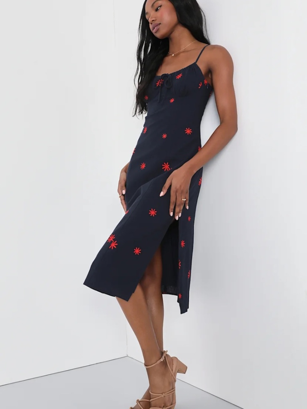 Lulus~ Navy|Red Embroidered Floral Empire Waist Midi Dress~Size S